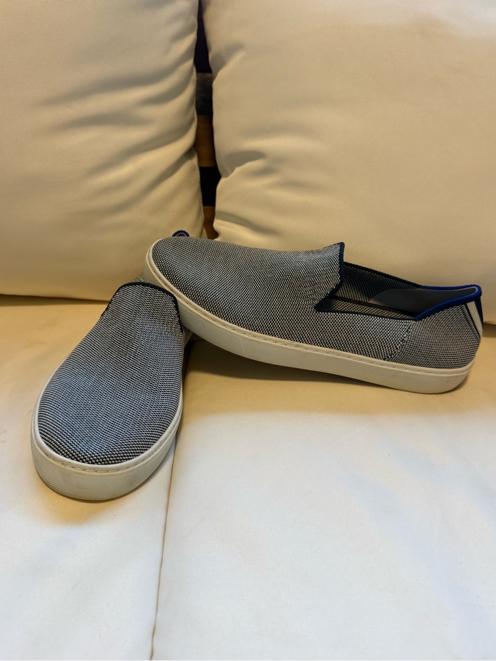 Rothy's Slip-On Flats in Black and White Knit with Blue Trim